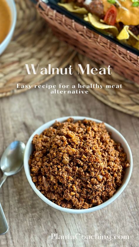 This walnut and mushroom meat is crumbly, rich in flavor, and a great substitute for traditional ground beef! It can be easily customized for different cuisines by altering the spices. It's also soy-free and gluten-free. Walnut Ground Beef Recipes, Mushroom Minced Meat, Mushroom And Walnut Meat, Walnut Mushroom Meat, Walnut Ground Beef, Walnut Mushroom Taco Meat, Walnut Meat Recipes, Veganized Recipes, Veg Meal Prep