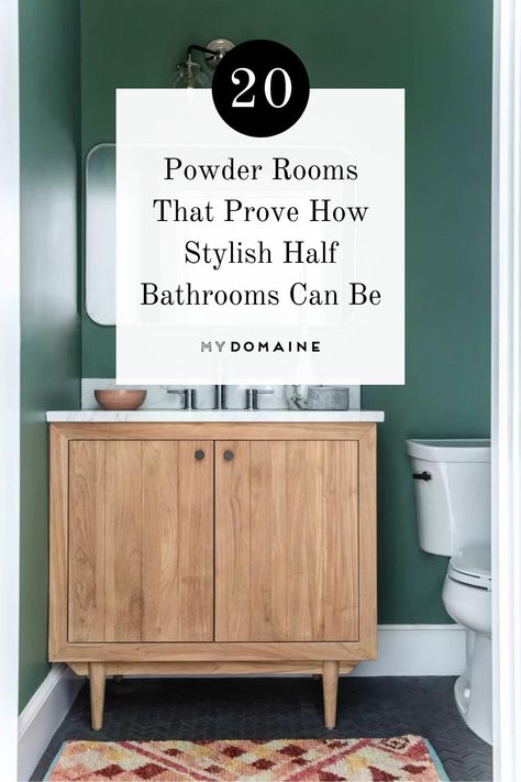 Powder rooms or half bathrooms don't usually get as much attention as our main bathrooms, but they deserve some love too. If you're trying to figure out how to elevate the style of you powder room, give a few of these ideas a try. Powder Bathroom Layout, Bathroom Accent Wall With Window, Powder Room Rug Placement, Green Powder Bathroom Ideas, Powder Room High Ceiling, Simple Powder Bathroom, Minimal Powder Room Design, Powder Room Plant Ideas, Powder Room Vanities Small