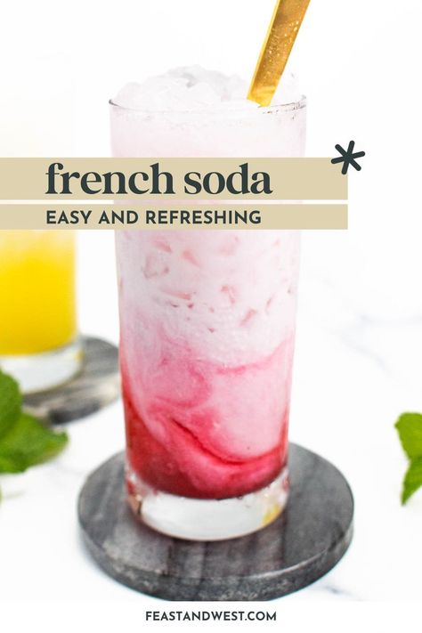 Also called the Italian Cream Soda, a French Soda is the ultimate refresher made with three ingredients — flavored syrup, soda and cream. French Drinks Nonalcoholic, French Soda Recipe, Italian Soda Flavors Combinations, French Soda, Italian Cream Soda, Frozen Drink Recipes, Soda Syrup, Syrup Recipes, Candy Cocktails