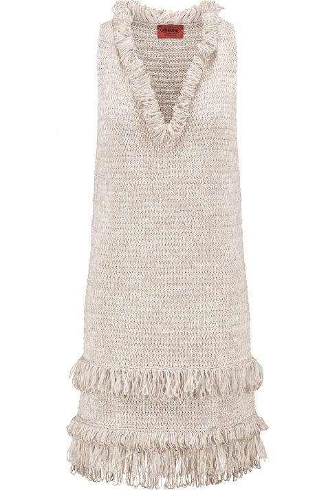 MISSONI Metallic fringed crochet-knit dress. #missoni #cloth #dress Crochet Runway, Knitting Fashion Design, Metallic Knit Dress, Crochet Knit Dress, Designer Clothes For Women, Fringe Top, Cloth Dress, Crochet Dress Pattern, Knitted Tops