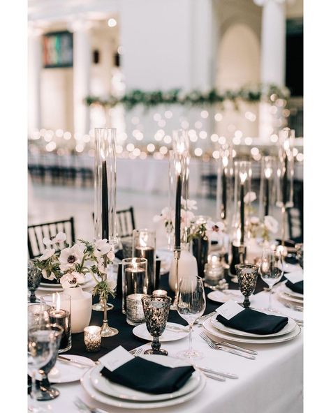 Rebecca Haley Photography📷 (@rebeccahaleyphotography) • Instagram photos and videos Black Runner Wedding Table, Black And White Anniversary Party, Black Table Runner Wedding, Gala Event Decor, Reception Styling, Dream Wedding Decorations, Emerald Green Weddings, Wedding Tablescape, Sage Wedding