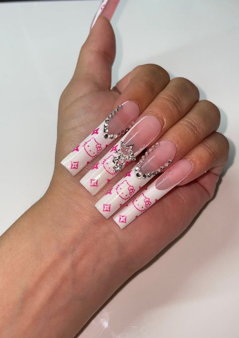 Pink Designer French Tip Press on Set - Etsy Fitness Barbie, Hello Kit, Her Nails, Hello Kitty Nails, Dope Nail Designs, Really Cute Nails, Acrylic Nails Coffin Pink, Long Square Acrylic Nails, Unique Acrylic Nails