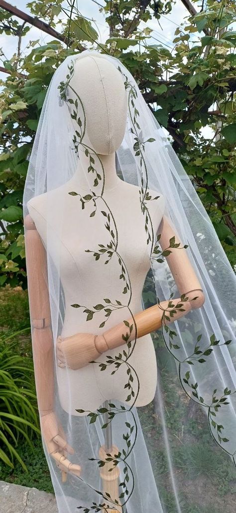 Veil With Leaves, Green Wedding Veil, Veil With Green Leaves, Green Embroidered Veil, White Floral Embroidered Wedding Veil, Bride Veil, Wedding Veil Accessories, Embroidered Wedding, Fantasy Wedding