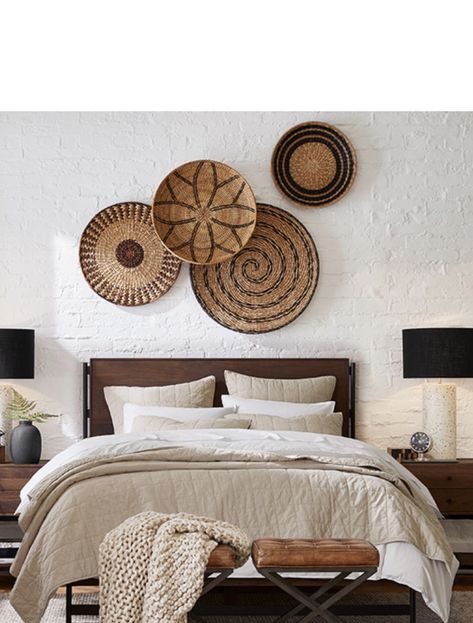 Rattan Wall Decor Bedroom, Basket Walls Boho Bedroom, Baskets Above Bed, Tiny Villa, Basket Walls, Textured Pillows, White Wall Bedroom, Coastal Room, Diy Boho Decor