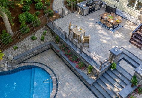 Two-Tier Backyard Project with Patio and Pool Deck | Unilock Tiered Backyard, Pool Patio Ideas, Home Keeping, Tiered Deck, Deck Designs Backyard, Social Circles, Backyard Inspiration, Backyard Deck, Yard Design