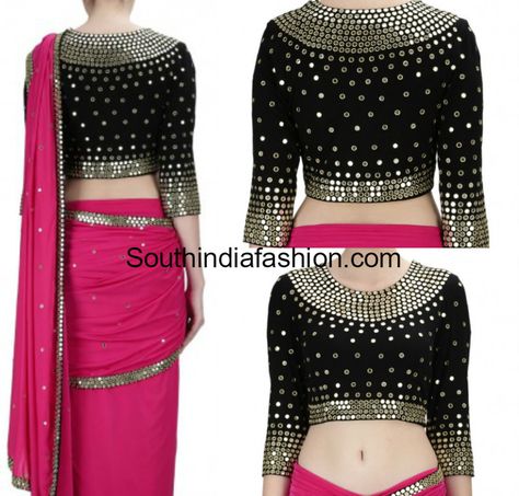 Black Mirror Work Blouse with pink mirror work saree Black Mirror Work Blouse, Mirror Work Saree Blouse, Bodycon Outfit, Black Blouse Designs, Mirror Work Blouse Design, Mirror Work Blouse, Bodycon Outfits, Blouse Designs Silk, Designer Saree Blouse Patterns