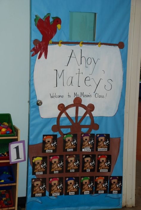 Kindergarten pirate door Pirate Door, Kindergarten Door, Pirate Decorations, Pirate Theme Classroom, Teach Like A Pirate, Pirate Unit, Pirate Classroom, Nautical Classroom, Classroom Doors