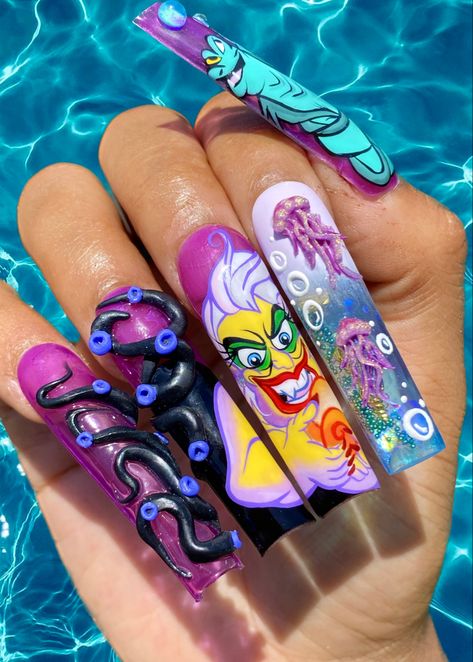 #nailideas #nailsofinstagram #ursula #disneynaildesigns #3dnails #handpaintednailart #ursulanails #naildesign #nailsofinstagram #littlemermaidnails Ursula Nails, Little Mermaid Nails, Nails Disney, Disney Nail Designs, Nail Art Designs Images, Super Cute Nails, Nail Salon Design, Swarovski Nails, Dope Nail Designs