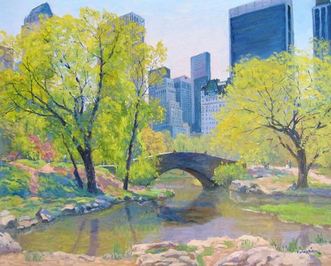 Chicago Painting, New York Illustration, Central Park New York City, New York Painting, Spring Illustration, City Skylines, Spring City, Art Resources, City Drawing