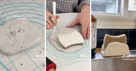 We found a clever DIY sponge holder project online that will have you breaking out the clay and ready to get crafty. Diy Sponge Holder, Clay Sponge Holder, Diy Soap Holder, Soap Holder Kitchen, Diy Sponges, Kitchen Sink Decor, Sponge Holder Kitchen, Sink Decor, Small Kitchen Decor