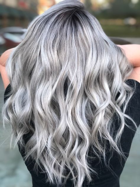 Silver Gray Blonde Hair, Dimensional Silver Hair, Silver Hair With Dark Shadow Root, White Silver Hair Color, Platinum Grey Hair Silver, Shoulder Length Silver Hair, Silver Hair With Shadow Root, Silver Dyed Hair, Platinum Gray Hair Silver