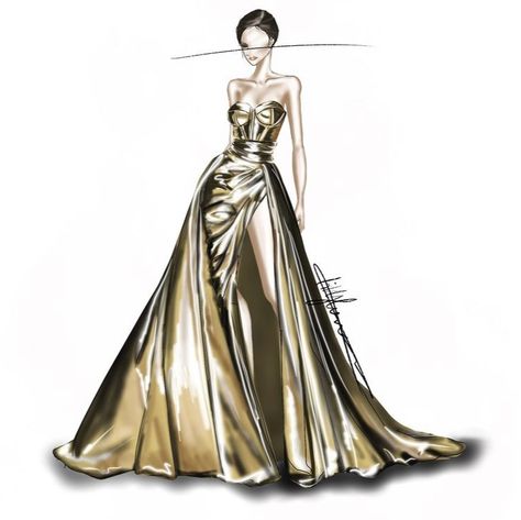 Golden Dress Drawing, Fashion Trends Magazine, Extravagant Wedding Dresses, Dinner Gowns, Fashion Model Sketch, Model Sketch, Golden Dress, Trends Magazine, Fashion Design Sketchbook