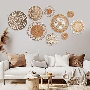 Beige Wall Living Room Decor, Rattan Flower Wall Decor, Boho Accent Wall Decor, Basket Room Decor, Basket Walls Boho Living Room, Basket Walls Boho, Boho Wall Collage, Wicker Basket Wall Decor, Boho Wall Decor Living Room