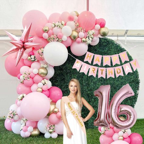 PRICES MAY VARY. Pink Gold Balloon Decorations: Includes 135 pink, gold, and white balloons for a stunning party atmosphere Reliable Color: Uses Color Correction Card for true color representation of balloons Sweet 16 Birthday Theme: Perfect for making a 16th birthday unforgettable with festive decor Dream Party Decor: Transform any space with balloons, banners, and sash for a memorable party Safe and Durable: Made from rubber and carefully inspected before shipment 【Sweet 16 Pink Gold Balloon D Sweet Sixteen Party Ideas Decoration, Sweet 16 Balloon Decorations, 16 Birthday Decorations, Gold Balloons Decorations, White Balloon Garland, Number Balloons Birthday, 16th Birthday Decorations, 16 Balloons, Color Representation