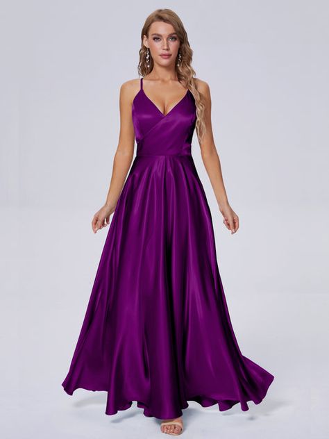 Peacock Bridesmaid Dresses, Grape Bridesmaid Dresses, Purple Satin Dress, Dresses Details, Silk Bridesmaid Dresses, Simple Bridesmaid Dresses, Bridesmaid Dresses With Sleeves, Deb Dresses, Full Maxi Skirt