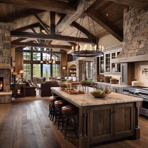 Mountain Style Kitchen, Kitchens In Barndominium, Modern Homestead House, Luxury Barndominium Interior, Mountain Home Kitchens, 2024 Kitchen Cabinet Trends Color, Mountain Kitchen Ideas, Modern Mediterranean Kitchen Design, Italian Rustic Kitchen