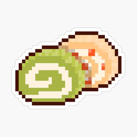 Cake Pixel Art, Vanilla Roll Cake, Matcha Roll Cake, Cake With Strawberry Filling, Pixel Art Sticker, Strawberry Cake Filling, Notes Stickers, Cake With Strawberry, Matcha Cake