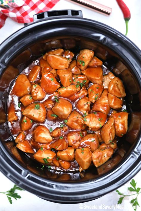 Spring Crockpot Recipes, Healthy Stews, Slow Cooker Bourbon Chicken, Chicken In The Slow Cooker, Bourbon Chicken Crockpot, Healthy Stew, Bourbon Chicken Recipe, Spring Produce, Bourbon Chicken