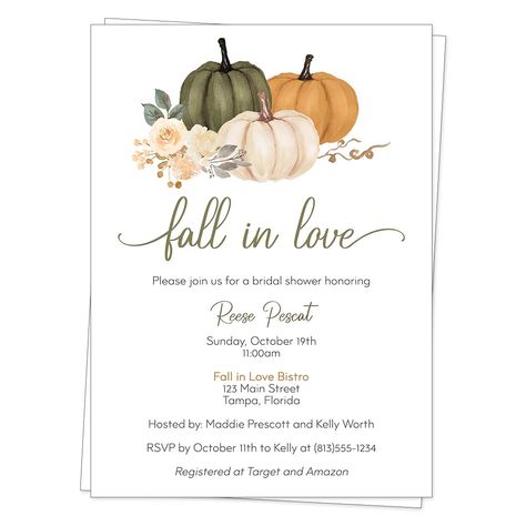 PRICES MAY VARY. ♥ Invite guests to your bridal shower with this beautiful invitation featuring green and orange pumpkins. ♥ Price includes 12 Invitations and 13 White Envelopes. ♥ Invitations measure 5x7 inches and are custom printed with your event details. ♥ Printed on high quality matte smooth finish card stock. ♥ All our products are Made with Love in the USA. ♥ Female owned & veteran owned small business. ♥ Invite guests to your bridal shower with this beautiful invitation featuring green Fall Bridal Shower Invites, Bridal Shower Invites, Pumpkin Invitation, Bridal Luncheon, Fall Bridal Shower, Barn Weddings, Fall Wedding Invitations, Shower Themes, Event Details