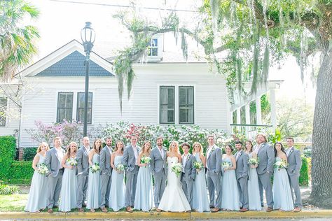 Light Blue and Light Gray Bridal Party | Dana Cubbage Weddings | Charleston, SC Gray Bridal Party, Charleston Wedding Reception, Gray Wedding Party, Bridal Party Color Schemes, Sky Blue Weddings, Light Blue Bridesmaid Dresses, Light Blue Bridesmaid, Bridal Parties Colors, Sky Blue Bridesmaid Dresses