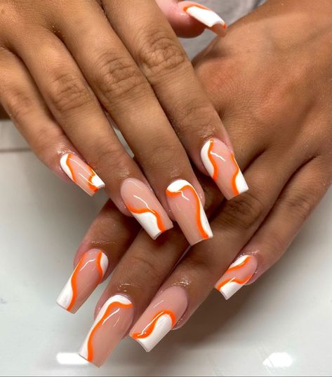 Mail Inspo Orange, White Nails With Orange Design, White And Orange Nails Acrylic, Orange And White Nail Designs, White And Orange Nails, Orange And White Nails, Beach Nails Designs, Summer Beach Nails, Nails For 2023