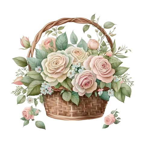 Basket Of Roses, Basket With Flowers, Decoupage Tissue Paper, Basket Of Flowers, Flower Cart, Decoupage Vintage, Unusual Flowers, Cute Art Styles, Flower Images