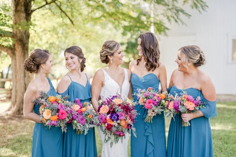 Teal Summer Bridesmaid Dresses, Teal Orange And Pink Wedding, Teal And Orange Bridesmaid Dresses, Pink And Orange Wedding Theme Bridesmaid Dresses, Blue Orange Pink Wedding, Wedding Color Schemes Purple, Bridesmaids Colors, Hp Wedding, Orange Purple Wedding