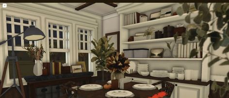 Bloxburg Shelf Decor, Cottage Kitchen Bloxburg, Bloxburg Victorian Dining Room, Bloxburg Shelf, Dining Room Blocksburg, Realistic Family Home Bloxburg, Suburban Dining Room Bloxburg, Bloxburg Shelf Ideas, Bloxburg Office