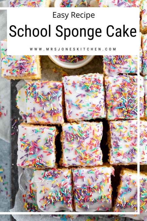 close up of school sponge cake cut in to squares. Easy Cakes For Bake Sale, School Cake Recipe, School Tray Bake, School Cake Recipe Uk, School Sponge Cake Recipe, Easy Tray Bakes Cakes, Old School Sponge Cake, School Bake Sale Ideas, Easy Sponge Cake Recipe Simple