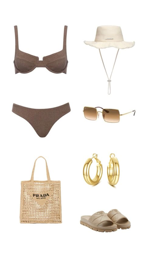 Brown Beach Outfit, Holiday Vision Board, Outfit Pool Party, Prada Summer, Bali Fits, Prada Slides, Country Concert Fits, Clutch Outfit, Summer Style Beach