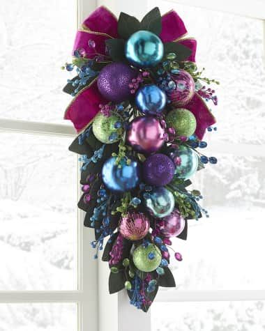 Bright Holiday at Neiman Marcus Jewel Tone Christmas, Bright Christmas Decor, Paper Twine, Paper Leaves, Rug Buying Guide, Holiday Door, Colorful Christmas Tree, Christmas Door, Gold Christmas