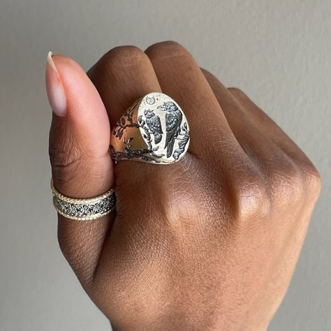 Signature styles - Two raven signet ring by Castro Smith & Micropavé Damask ring by Nik Radi. ⁠ ⁠ #castrosmith #nikolleradi #futureheirlooms #augustla Castro Smith, Two Ravens, Signature Styles, Mens Ring, Black Rhodium, Ravens, Micro Pave, Hand Engraving, Signet Ring