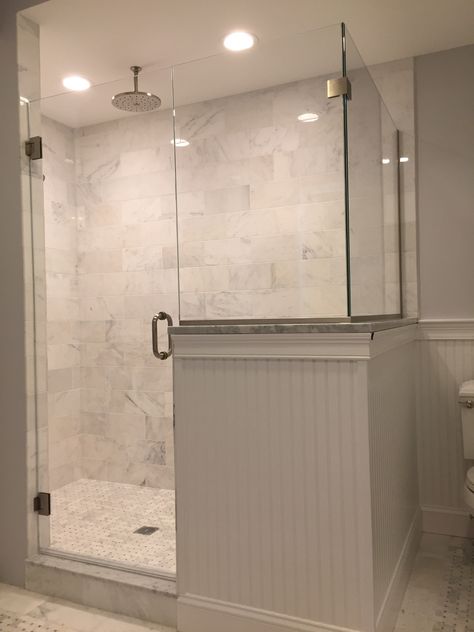 Walk In Shower Door Ideas, Corner Shower With Half Wall, Glass Door Shower Ideas, Shower With Half Wall And Glass Door, Shower With Half Wall, Corner Shower Ideas For Small Bathrooms, Half Glass Shower Wall, Corner Shower Ideas, Glass Shower Doors Corner