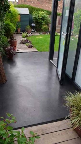 Grey Stained Concrete Patio, Black Polished Concrete Floor, Black Stained Concrete Patio, Black Patio Floor, Black Concrete Porch, Concrete Colors Outdoor, Black Concrete Patio, Black Concrete Floors, Polished Concrete Patio