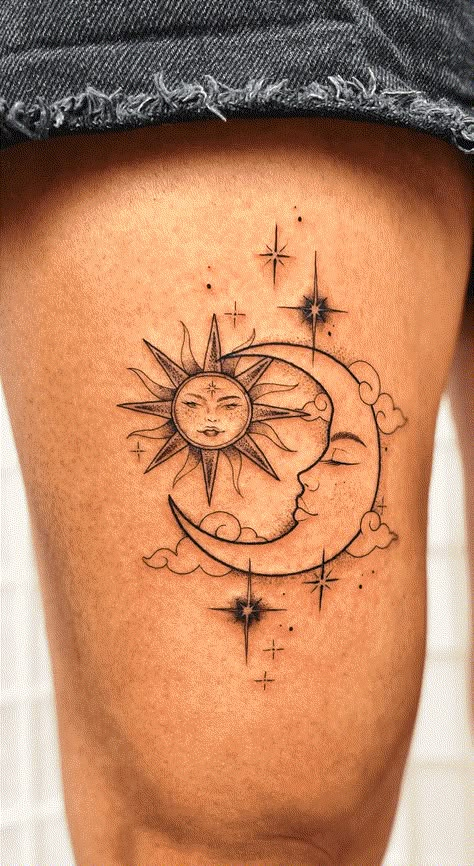 Sun Moon Clouds Tattoo, Sun Moon Stars Clouds Tattoo, Sun And Moon Hand Tattoos For Women, Sun And Moon Face Tattoo, Man In The Moon Tattoo, Hippie Tats, Tattoo Categories, Sun Moon Stars Tattoo, Sun And Moon Tattoo Ideas