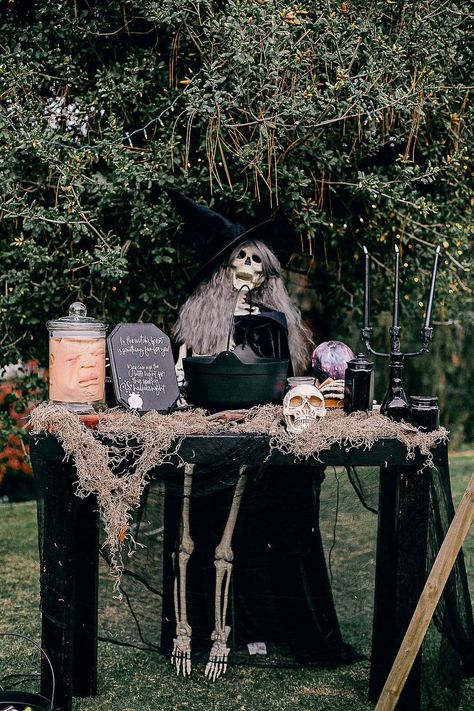 Skeleton Halloween Party Ideas, Fortune Teller Skeleton, Skeleton Theme Birthday Party, Halloween Party Tent Decorating Ideas, Hocus Pocus Themed Halloween Decorations, Seance Party Ideas, Spooky Backyard Halloween Party, Halloween Skeleton Themes, Backyard Halloween Party Decor