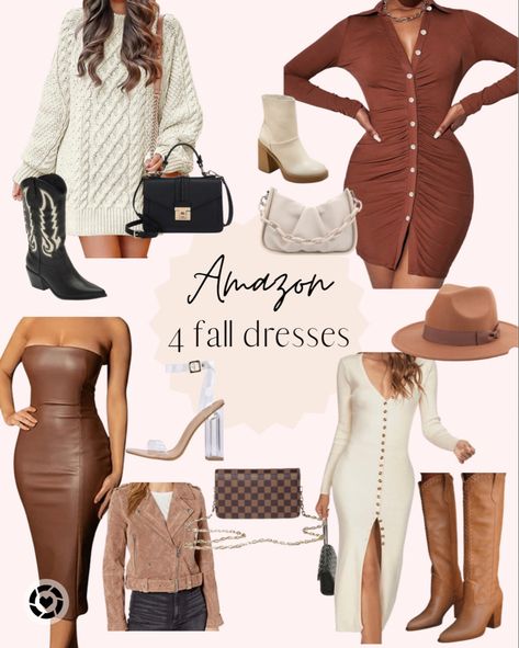 Fall dresses, amazon dress, amazon dresses, affordable dress, chic dress, sweater dress, neutral dress, dressy look, casual look, fall fashion, fall outfit, amazon fashion, mini dress, button down dress, ribbed dress, cable knit dress, faux leather dress, Collard Dress Outfits, Cream V-neck Sweater Dress For Spring, Beige Cable Knit Sweater Dress, Rust Orange Dress, Fall Cream V-neck Sweater Dress, Cream Fitted V-neck Sweater Dress, Collard Dress, Neutral Boots, Elegant Cream V-neck Sweater Dress