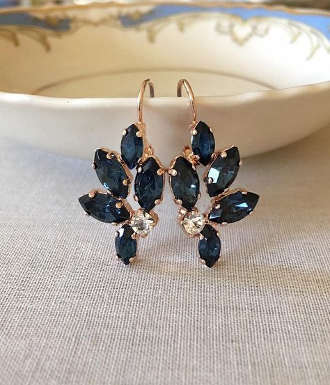 Navy blue earrings Swarovski earrings marquise crystal leaf | Etsy Jewellery Organization, Navy Blue Jewelry, Small Earrings Gold, Navy Blue Earrings, Silver Jewelry Earrings, Earrings Bridesmaid, Jewelry Design Earrings, Earrings Crystal, Swarovski Crystal Earrings