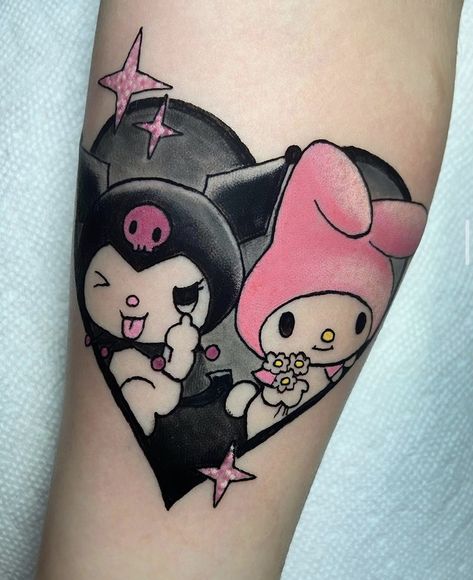 Kuromi And Melody Tattoo, Kuromi And My Melody Matching Tattoo, Kuromi Matching Tattoos, My Melody And Kuromi Tattoo Ideas, My Melody And Kuromi Tattoo, Hello Kitty Sleeve Tattoos, My Melody Tattoo Ideas, Cute Kuromi Tattoo, Kuromi And My Melody Tattoo