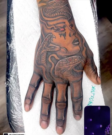 Hand Half Sleeve Tattoo, Snake Hand Tattoo Men, Hard Hand Tattoos Men, Hand Tattoos For Boys, Hand Tat Ideas, Hand Tattoos For Black Guys, Hood Hand Tattoos, Hand Tattoos For Black Men, Black Men Hand Tattoos