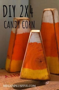 DIY how to make 2x4 wood candy corn - Megan plus five | Halloween wood crafts, Fall halloween crafts, Fall wood crafts Wood Candy Corn, Primitive Fall Decor, Wood Halloween, 2x4 Wood, Fall Wood Crafts, Casa Halloween, Halloween Wood Crafts, Adornos Halloween, Primitive Fall