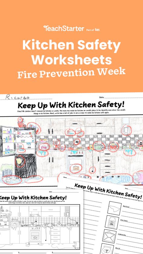 Identify the hidden fire hazards and dangers in the kitchen with printable Fire Safety Week Worksheets. Kitchen Safety Worksheets, Kitchen Safety Activities, Fire Prevention Activities, Fire Prevention Week Activities, Fire Safety Worksheets, Safety Worksheets, Fire Safety Activities, Fire Safety Week, Fire Prevention Week