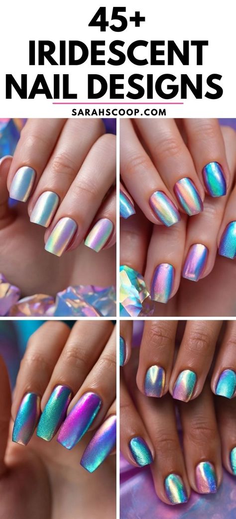 Shimmer in your unique shine with iridescent nails! ✨💅 #naildesigns #nailinspo Ombre Holographic Nails Almond, Iridescent Gel Nail Polish, Wedding Nails For Bride Iridescent, Nail Ideas Shimmer, Irridecent Design Nails Short, Shimmer Acrylic Nails, Irredecent Nail Designs, Iridescent Nail Designs, Blue Iridescent Nails