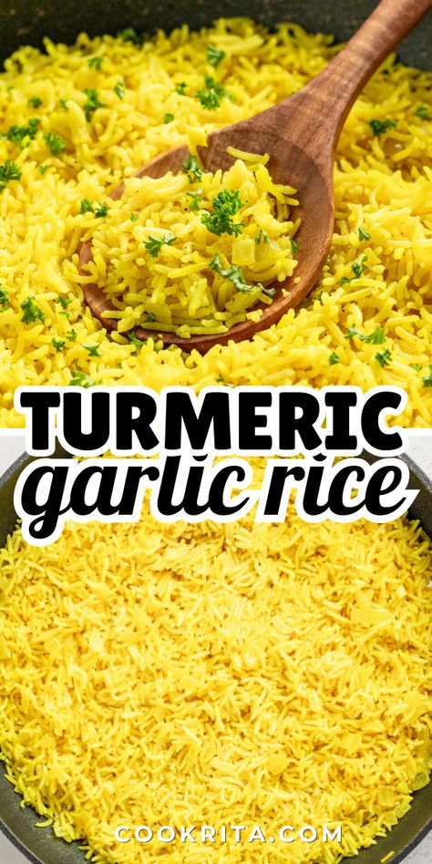 This tasty Turmeric Rice is not only light and fluffy but also incredibly easy to prepare. Infused with the rich flavor of savory chicken broth and enhanced with the aromatic blend of garlic and turmeric, it serves as a fabulous side dish that's ready in a mere 20 minutes! Rice Sides Recipes, Easy Quick Healthy Recipes, Savoury Rice, Chicken Rice Bake, Turmeric Rice, Rice Sides, Quick Easy Healthy Meals, Rice Side Dish Recipes, Garlic Rice