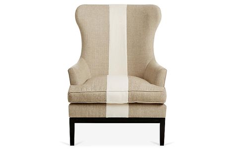 Calhoun Wingback Chair, Tan/Ivory Stripe - Wingback Chairs - Chairs - Living Room - Furniture | One Kings Lane Stripe Furniture, Linen Wingback Chair, Striped Furniture, Ivory Chair, Striped Chair, Watercolor Fabric, Alder Wood, Blue Rooms, Wing Chair