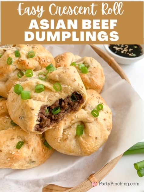 Stuffed Biscuits Pillsbury, Ground Beef Pillsbury Recipes, Ground Beef And Pillsbury Crescent Rolls, Ground Beef Dumplings Recipe, Asian Beef Dumplings, Beef Clod Recipes, Crescent Roll And Ground Beef Recipes, Ground Beef Recipes With Crescent Rolls, Crescent Roll Meals Dinners