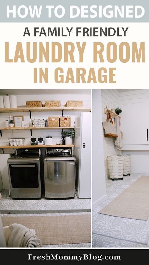 Laundry Living Room Combo, Cute Garage Laundry Area, Small Laundry Room With Freezer, Open Space Laundry Room, How To Build A Laundry Room, Garage Laundry Space Ideas, Laundry Wall In Garage, Garage Mudroom And Laundry, Guest Room Laundry Room Combo