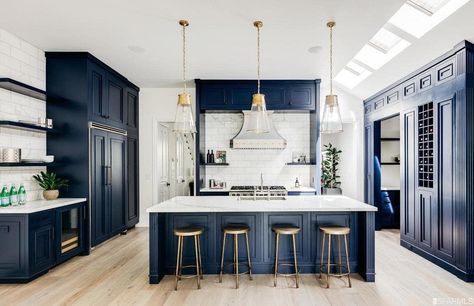 Bold and Bright Dark Blue Cabinets, Desain Pantry Dapur, Navy Kitchen, Desain Pantry, Blue Kitchen Cabinets, San Francisco Houses, Blue Cabinets, Transitional Kitchen, Interior Modern