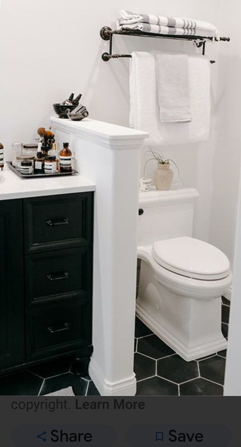 Small Farmhouse Bathroom, Bathroom Improvements, Black And White Bathroom, White Bathroom Designs, My Bathroom, Bathroom Remodel Shower, Upstairs Bathrooms, Bathroom Redo, Vintage Bathroom