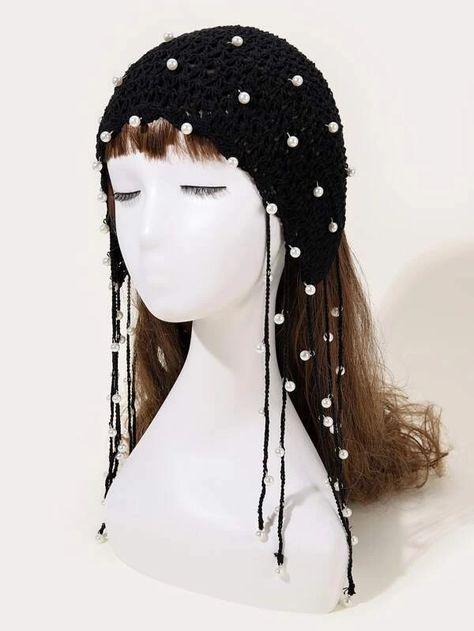 Faux Pearl Decor Knit Hat | SHEIN USA Black Crochet Hat, Turban Cap, Princess Hat, Crochet Hat For Women, Kawaii Crochet, Wool Caps, Pearl Decor, Crochet Fashion Patterns, Cap Fashion